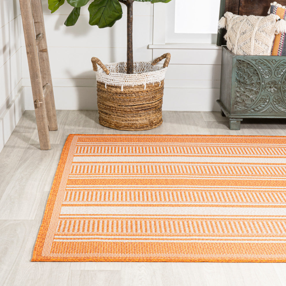Haynes Modern Double Stripe Indoor/Outdoor Area Rug, Orange/Cream, 4x6