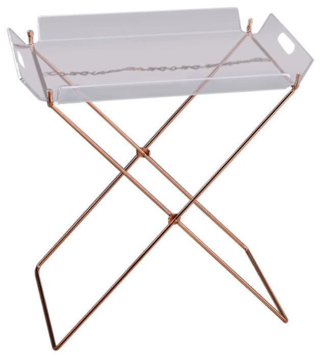 Benzara BM157340 22 Inch Acrylic Tray Table With X Metal Base, Copper