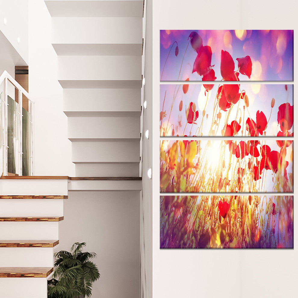Poppy Flowers on Blue Background, Large Flower Canvas Print, 28"x48", 4 Panels