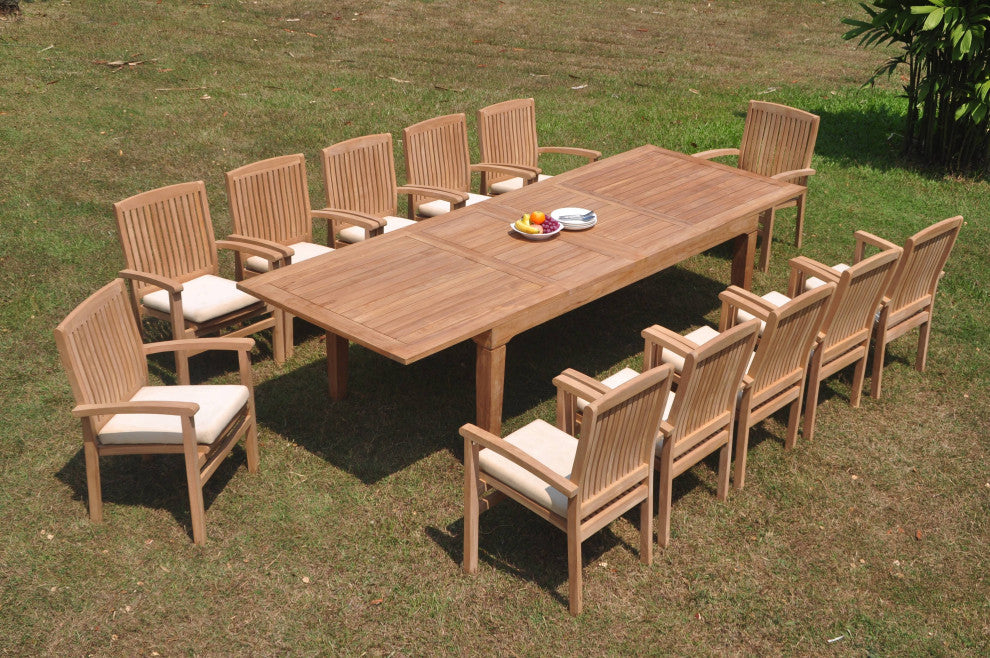 13-Piece Outdoor Teak Dining Set: 122" Rectangle Table, 12 Wave Stacking Chairs