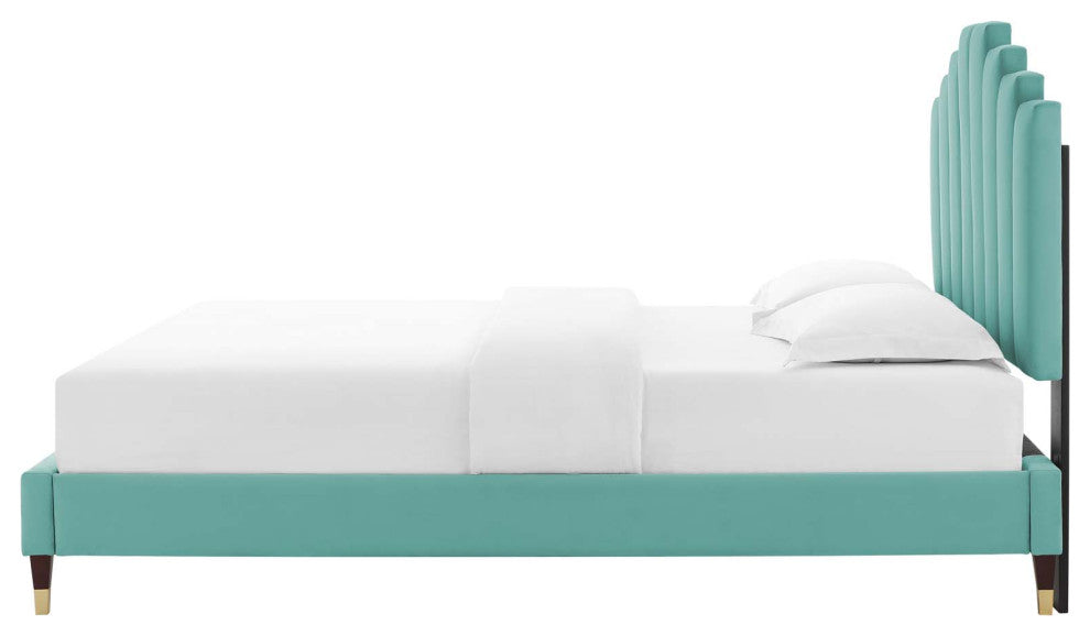 Platform Bed Frame, Twin Size, Velvet, Blue, Modern Contemporary, Bedroom Master