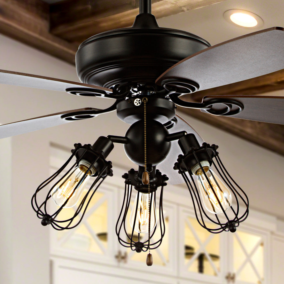 Lucas 52" Caged 3-Light Metal and Wood LED Ceiling Fan, Black