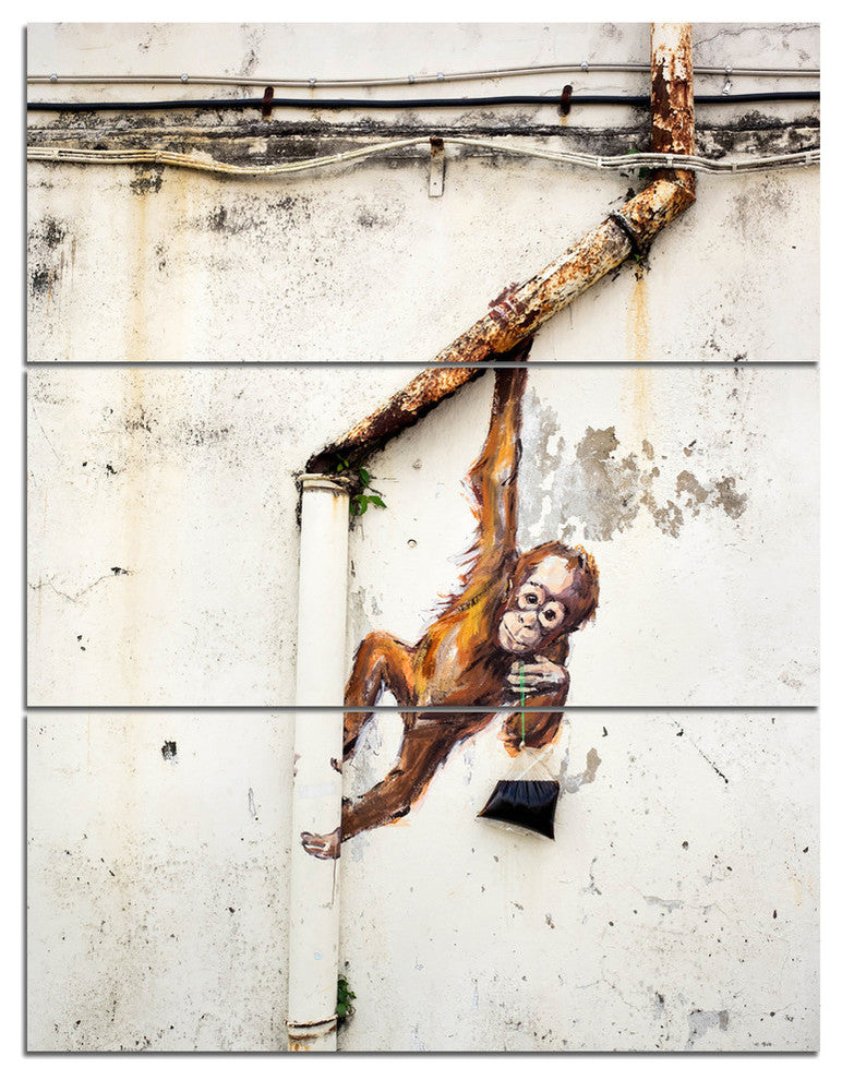"Baby Orangutan Hanging from Pipe" Street Metal Wall Art, 3 Panels, 28"x36"