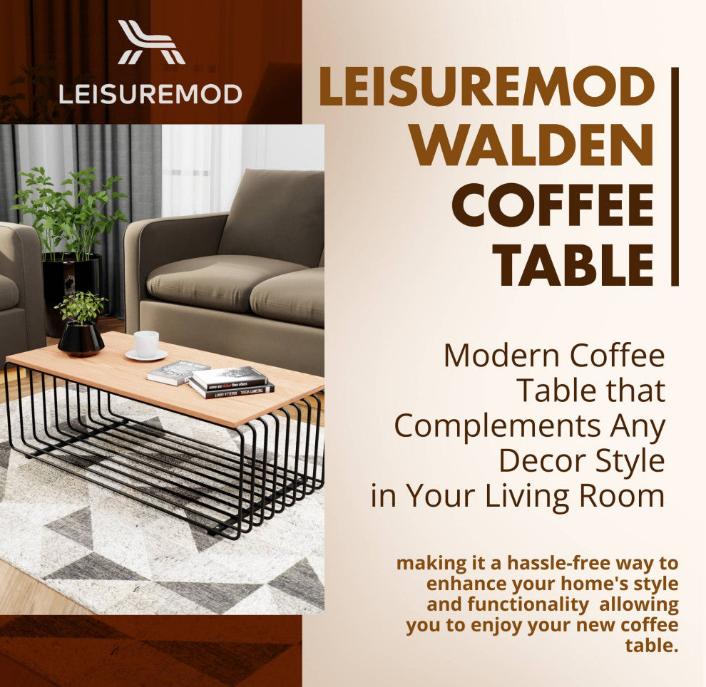 LeisureMod Walden Rectangular Coffee Table Powder Coated Steel Frame, Black
