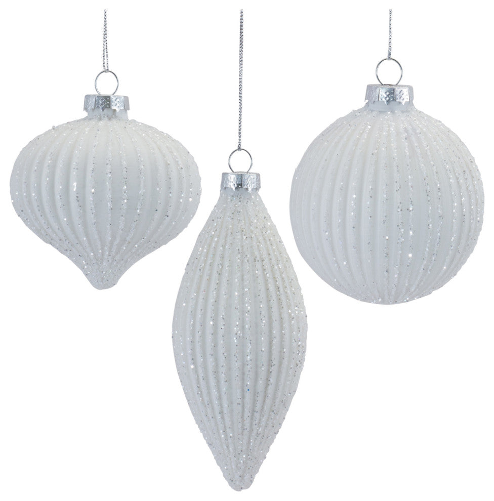 Glitter Ribbed Glass Ornament, 12-Piece Set