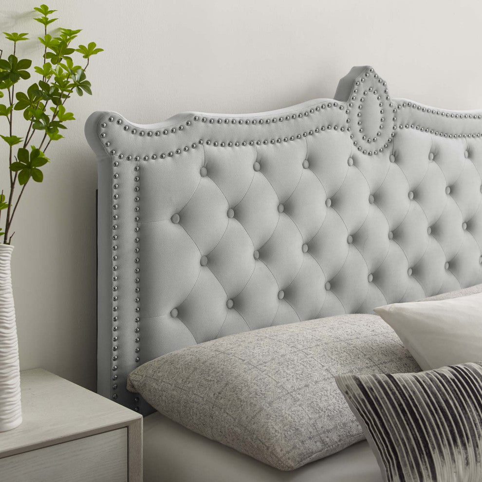 Platform Bed Frame, Nailhead, Queen Size, Gray, Velvet, Modern