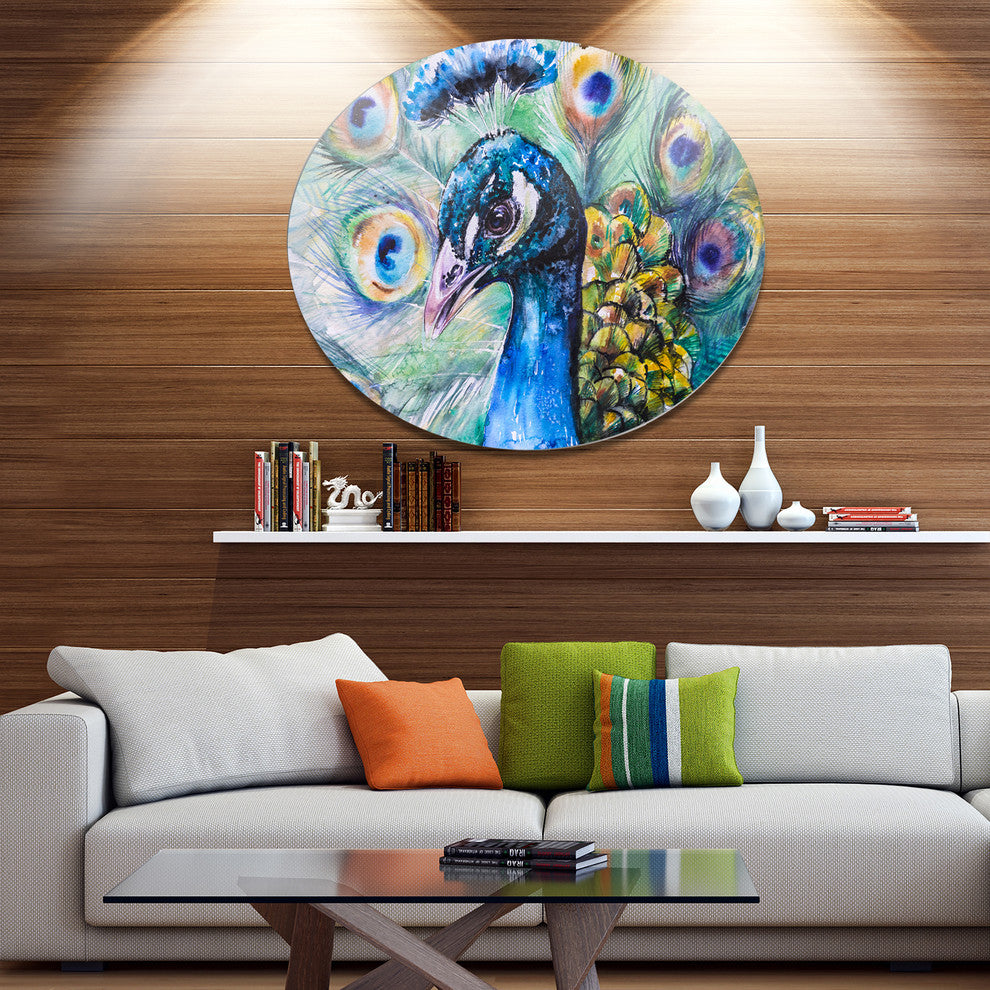 Beautiful Peacock Watercolor, Animal Round Wall Art, 11"
