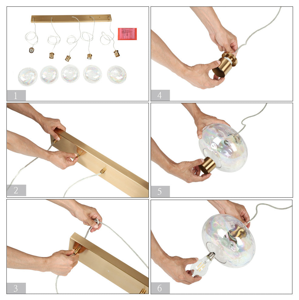 LNC Chrysaorican 5-Light 52.4" Modern Iridescent Globe Glass Island Light, Brass