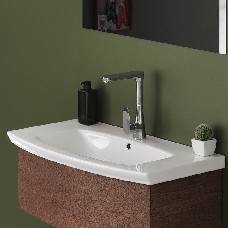 Rectangle White Ceramic Wall Mounted or Self Rimming Sink, White, One Hole