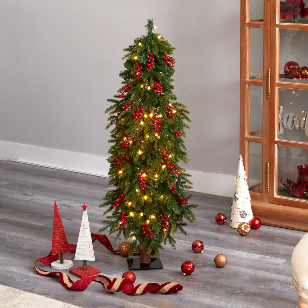 4' Victoria Fir Faux Xmas Tree W/ Lights, Berries & Bendable Branches