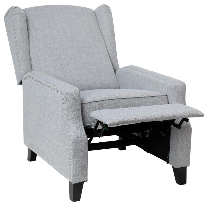 Prescott Push Back Wingback Recliner Chair- Fabric Upholstery-Accent Nail Trim, Gray