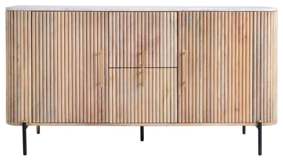Tulum White Marble Top Buffet, Mango Wood Dining Cabinet, Oval Sideboard Table
