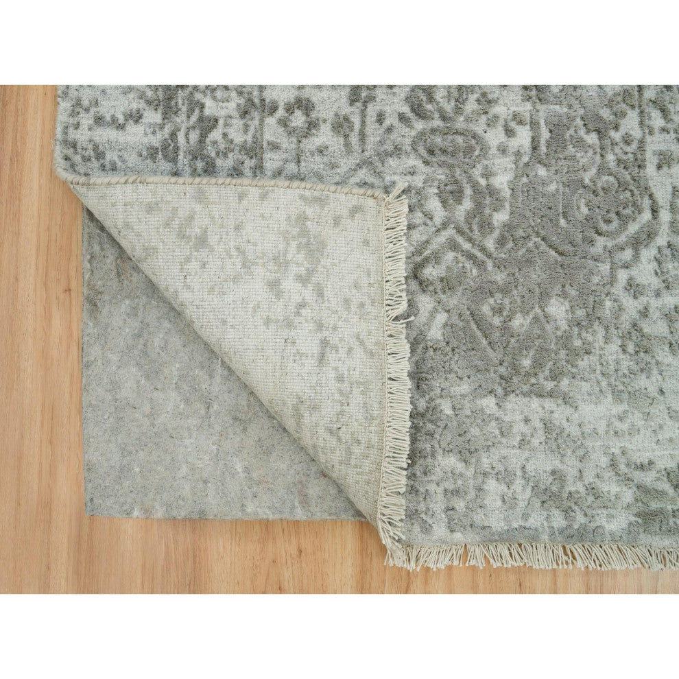 Goose Gray Zoroastrian Hand Knotted Wool and Silk XL Runner Rug, 2'6"x15'10"