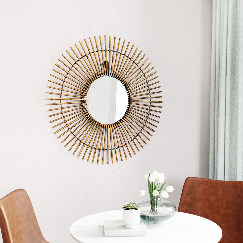 Frame Wall Mirror, Round, Glass, Steel Metal, Gold, Bedroom Living