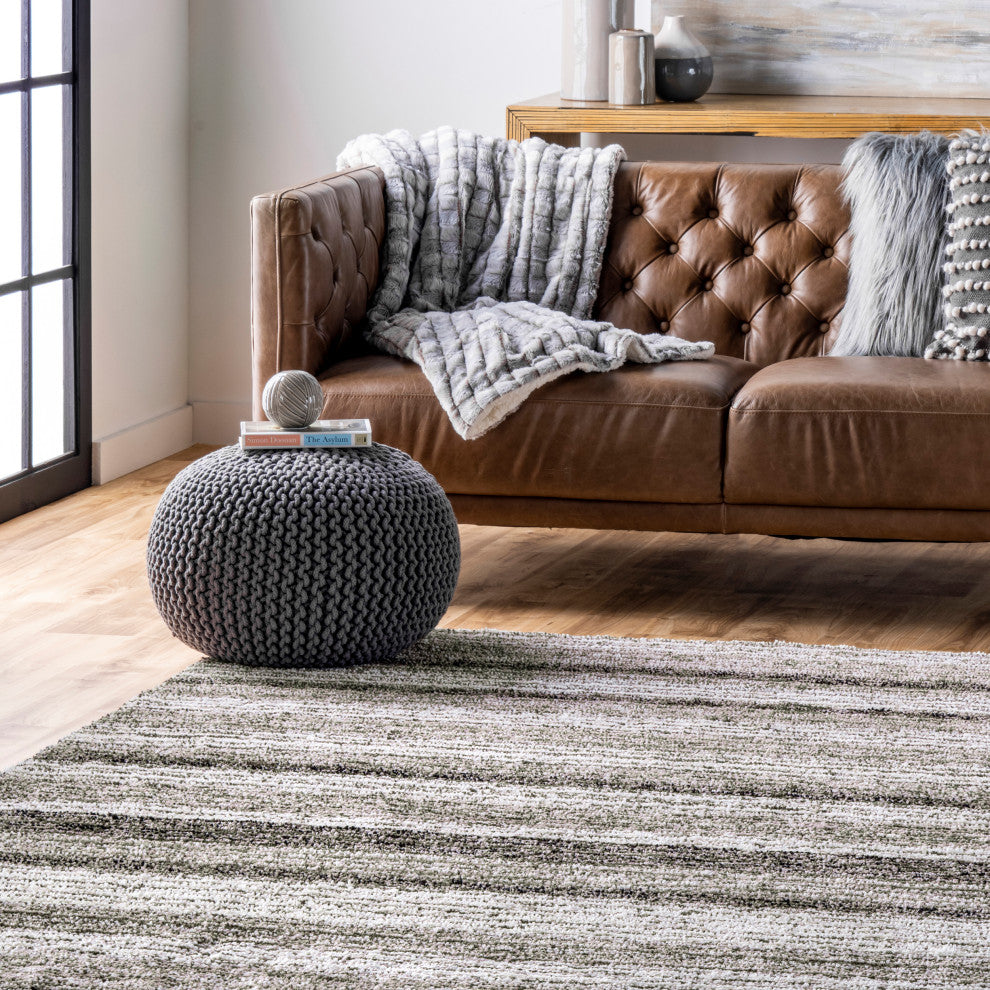 Nuloom Hand-Tufted Striped Shaggy Plush Shag Rug, Grey Multicolor 2'6"x8'Runner