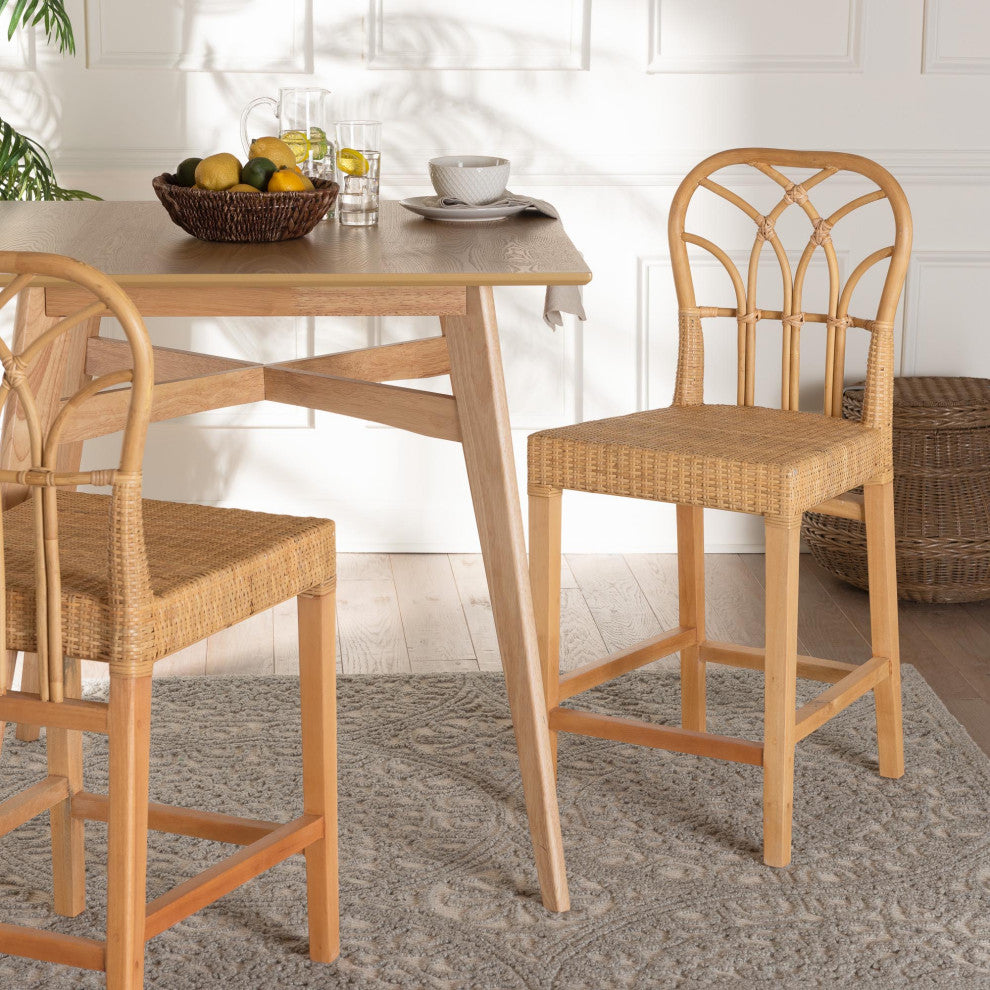 Ansa Natural Rattan & Mahogany Counter Stool