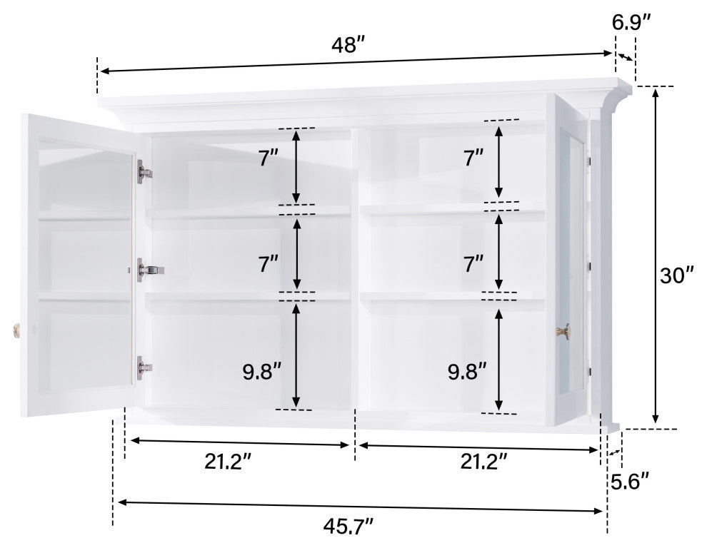 Handmade Solid Wood Medicine Cabinet with Ample Storage Space in White, 48"x30" Double Doors