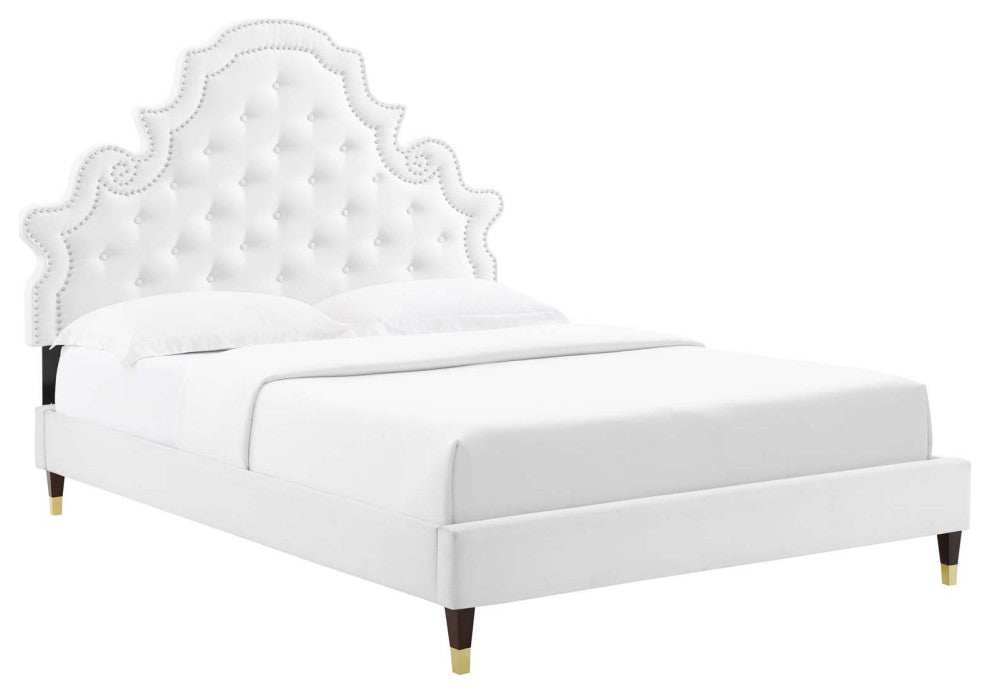 Gwyneth Tufted Performance Velvet Full Platform Bed, White