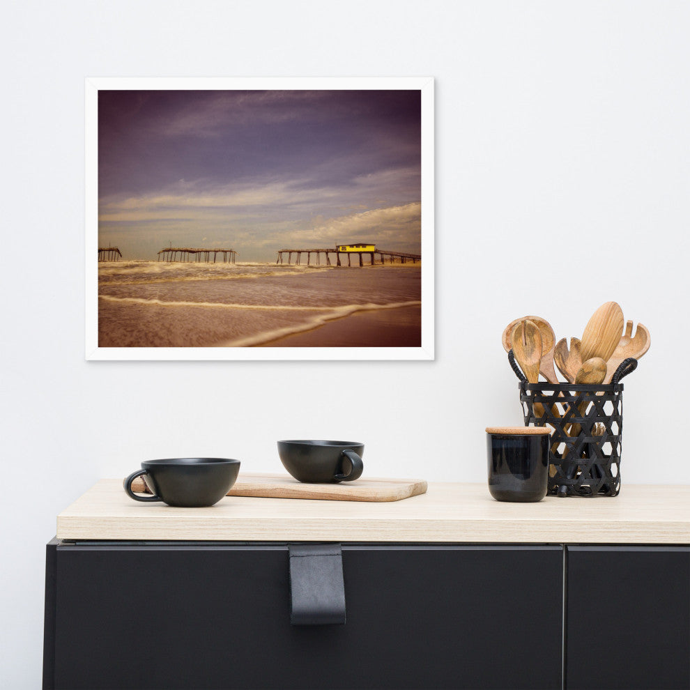 Aged View of Frisco Pier Coastal Framed Photo Paper Print, White, 16" X 20"