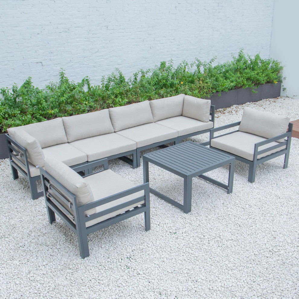 LeisureMod Chelsea 7-Piece Patio Sectional With Coffee Table, Beige