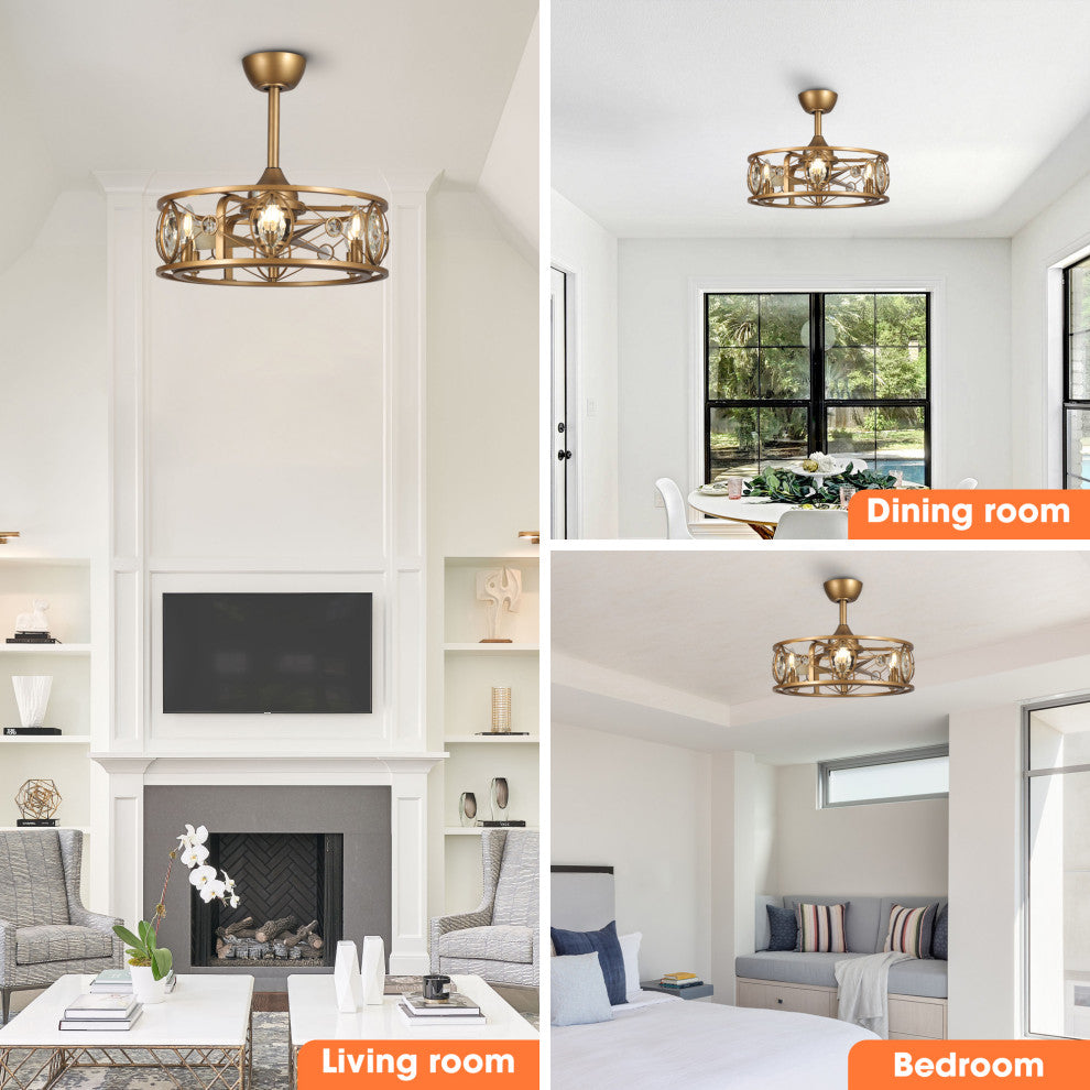 22 in Indoor Brass Gold Crystal Caged Ceiling Fan Chandelier With Remote