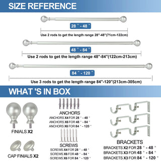 Ball Adjustable Double Curtain Rod Set, 5/8", Pewter, 28"-48"