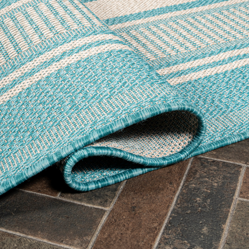 Haynes Modern Double Stripe Indoor/Outdoor Area Rug, Aqua/Beige, 8x10
