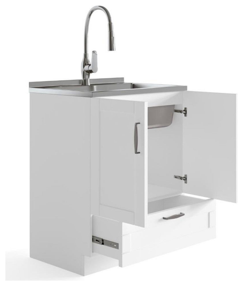 28 Inch Laundry Cabinet With Pull-Out Faucet & Stainless Steel Sink, Pure White