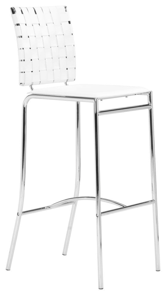 Set of Two White Faux Leather and Steel Modern Basket Weave Bar Chairs
