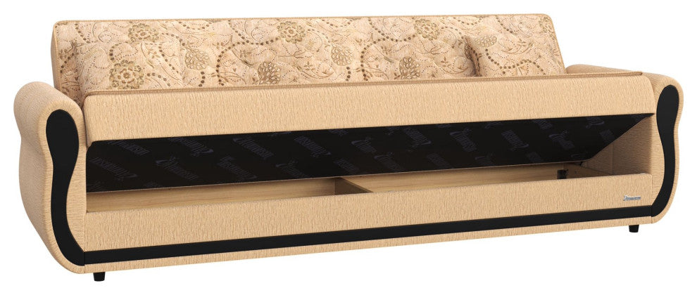 Modern Sleeper Sofa, Chenille Seat With Floral Pattern & Round Arms, Beige