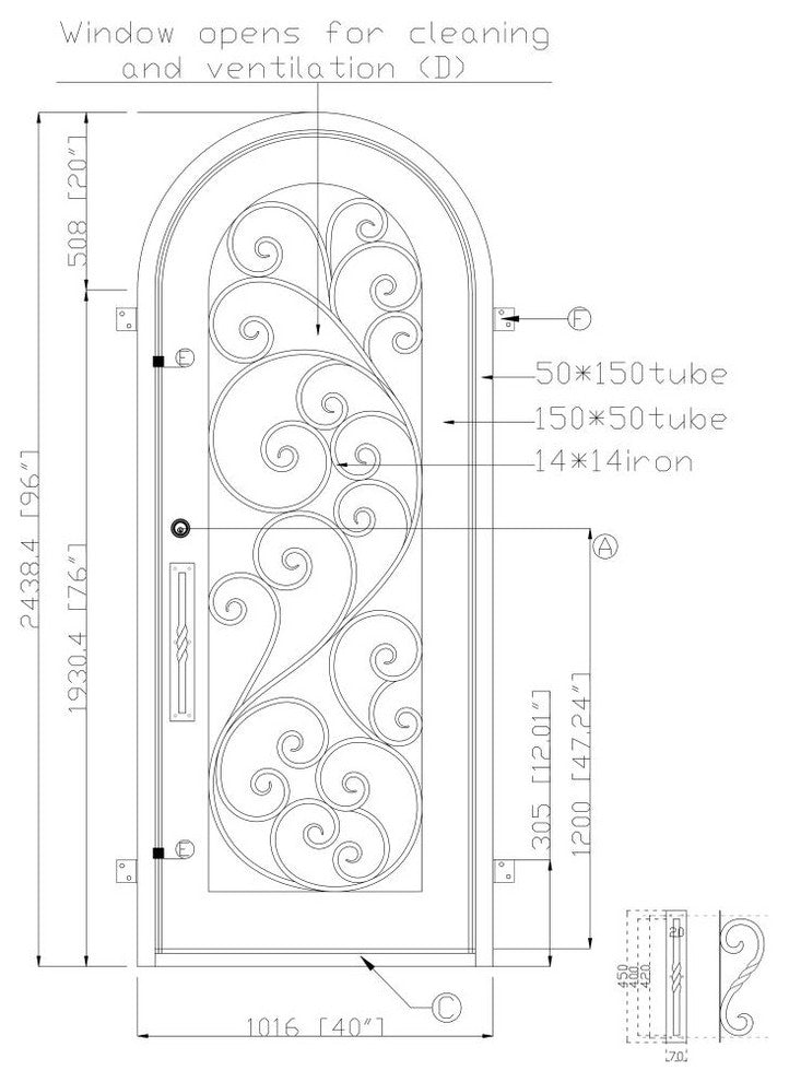 Round Top Twisted Vines Door With Frame and Threshold 40"x96", Aged Bronze