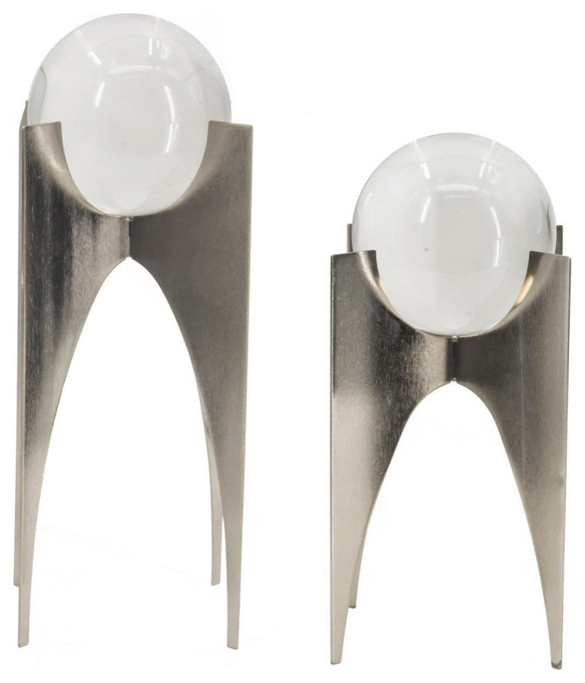 13, 10 Inch Crystal Orb Accent Decor Set of 2, Metal Stand, Art Deco