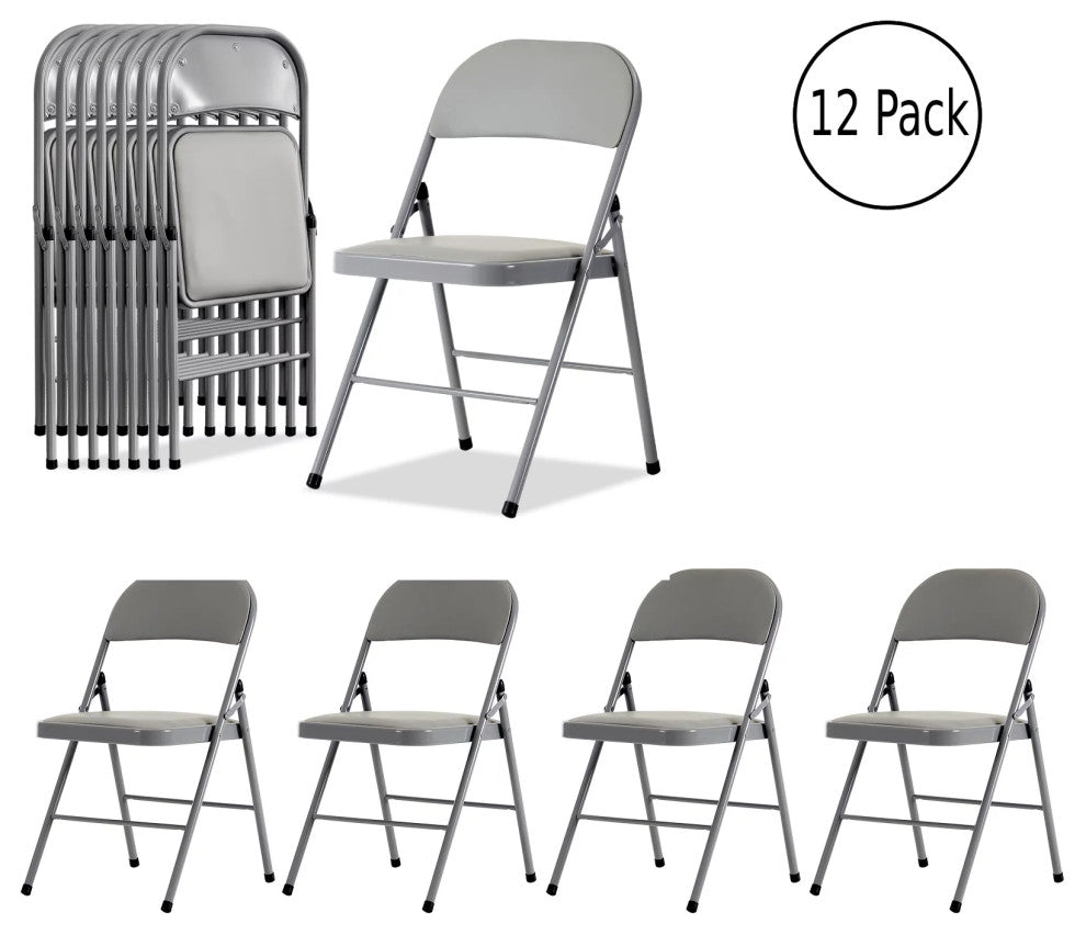 12 Pack Folding Chair, Indoor or Outdoor Use, Padded Seat With Open Back, Gray