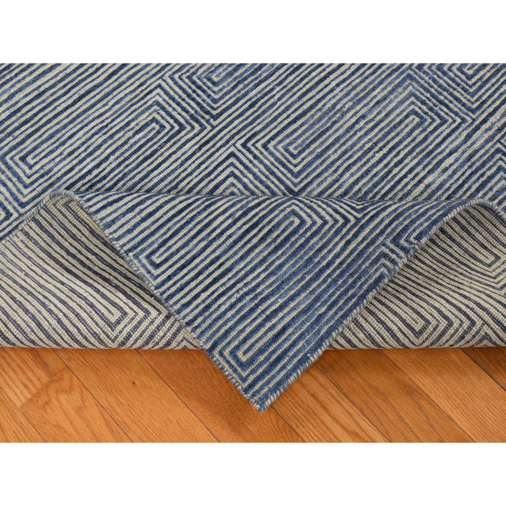 Blue, Silk With Wool, Maze Design, Hand Knotted Rug, 8'x10'