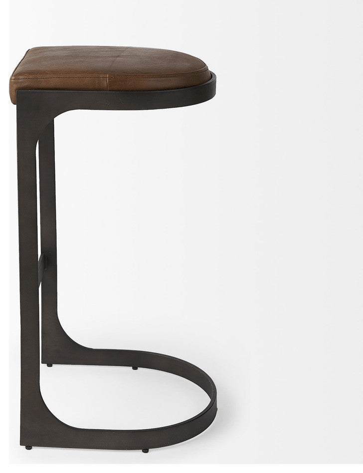 Brown Leather C Shape Metal Bar Stool