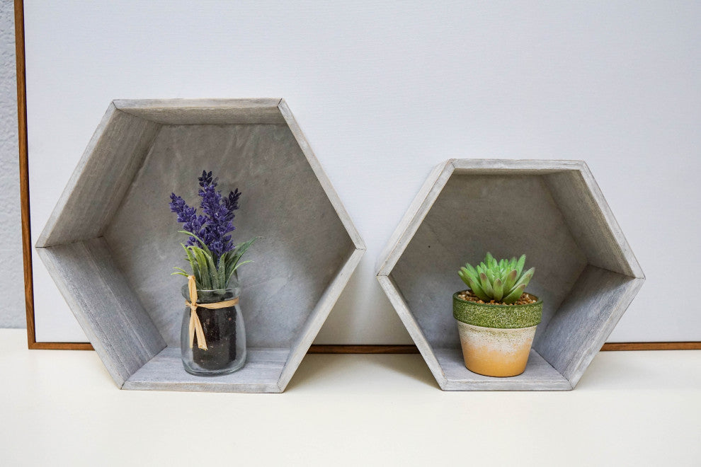 11.8" Brown Wash Hexagon Wood Crate, Set of 3