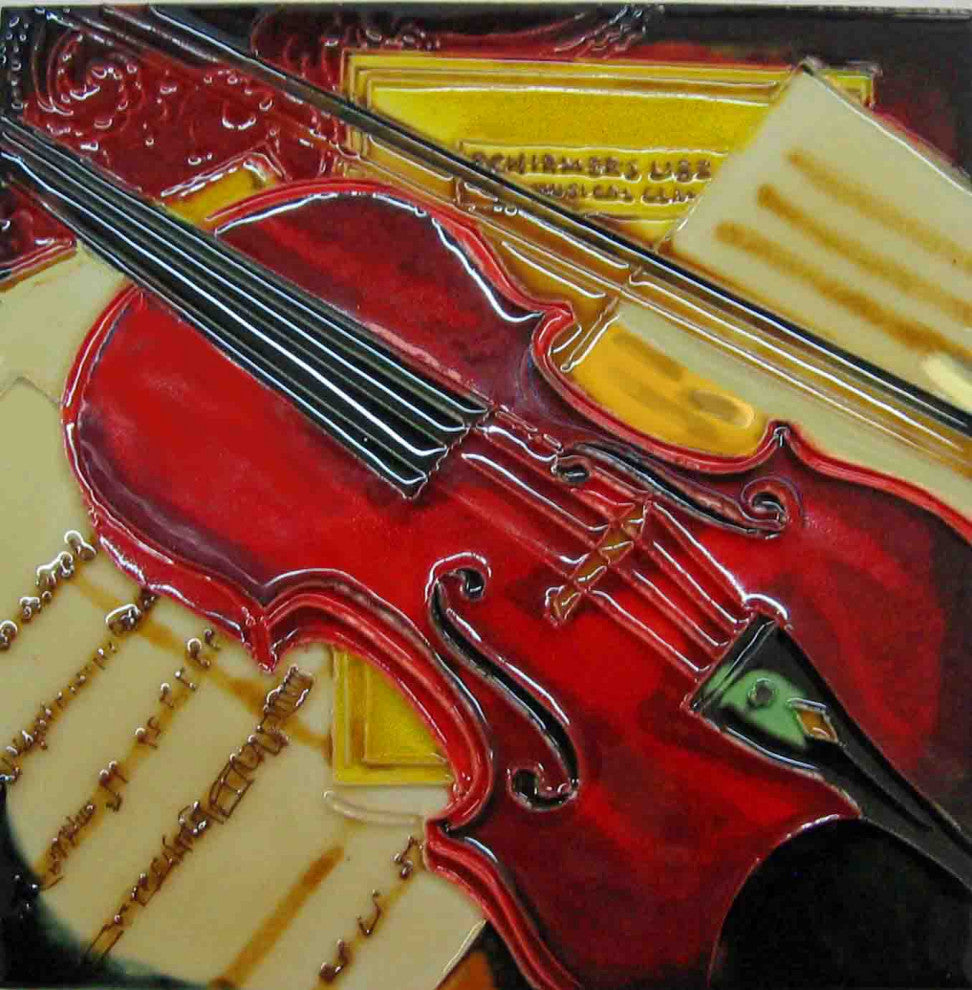 8x8" Violin Ceramic Art Tile Hand Painted Trivet Hot Plate