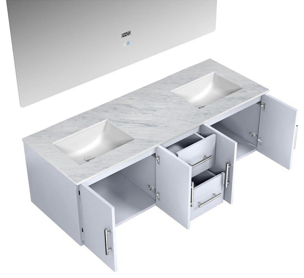 Geneva Transitional Glossy White 60" Double Vanity with 60" Led Mirror