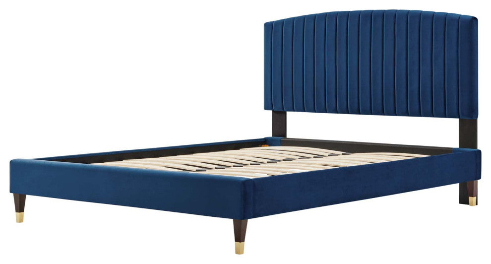 Platform Bed Frame, Queen Size, Blue Navy, Velvet, Modern, Bedroom Guest Suite