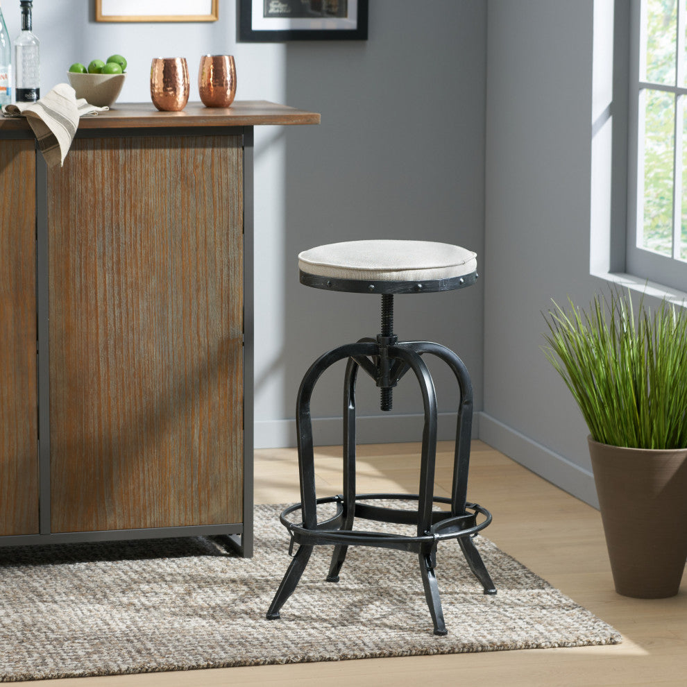 GDF Studio Brixton Adjustable Swivel Iron Bar Stool, Beige Fabric