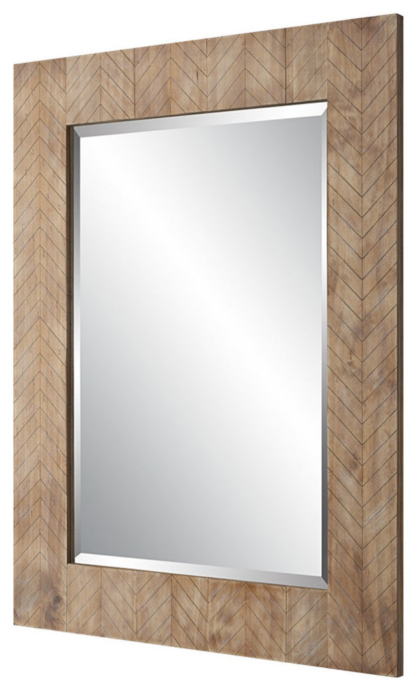 39 Inch Wood Frame Wall Mirror, Chevron Design, Brown