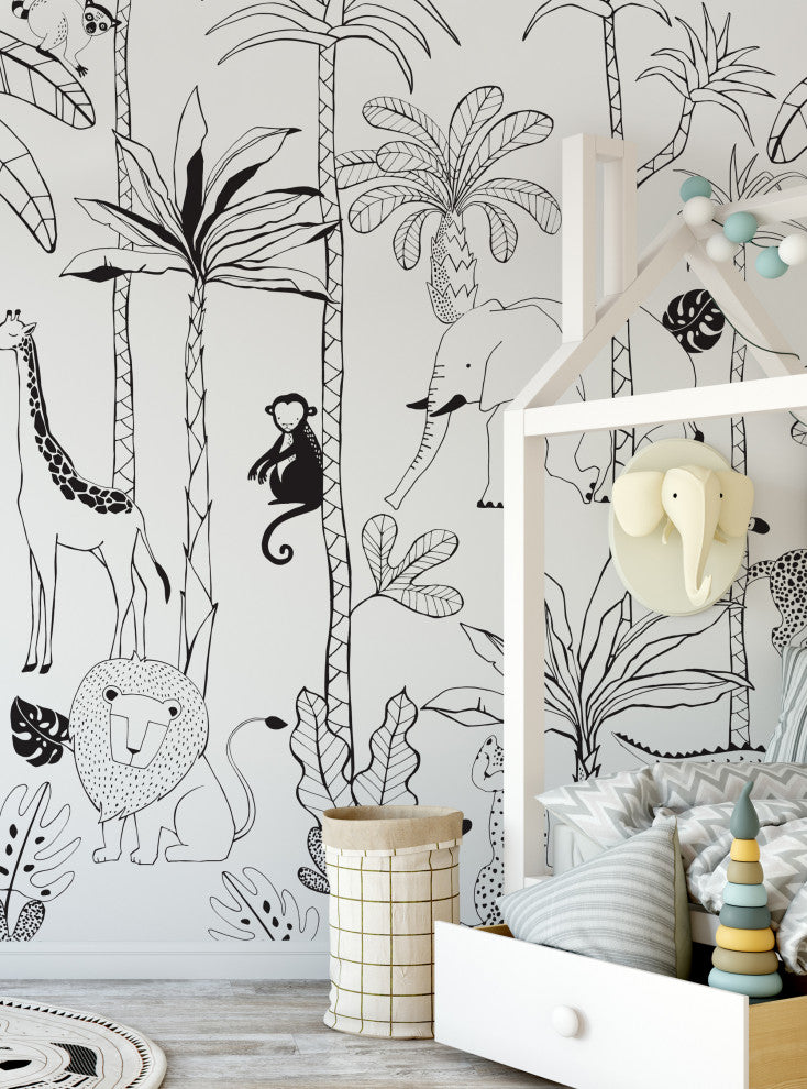 Safari Jungle Illustration Peel and Stick Vinyl Mural, Black, 24"x96", Single