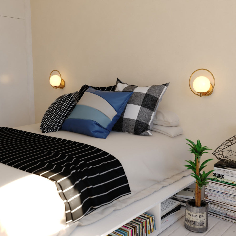 Bucktown 1-Light Mid-Century Modern Wall Sconce White Globe Glass, Natural Brass