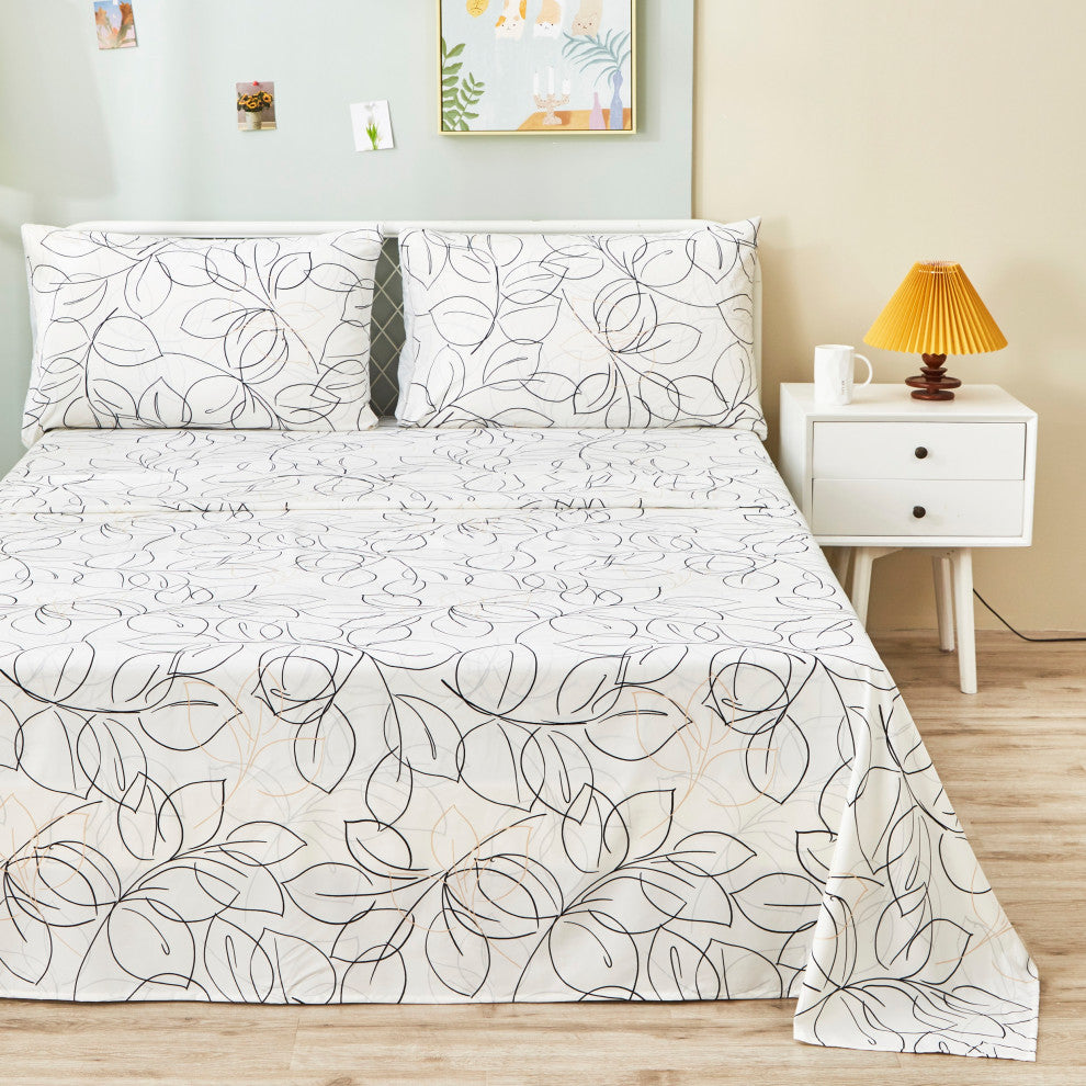 Tache Modern Leaf Foliage Abstract Floral White Grey Black Top Flat Sheet, Twin