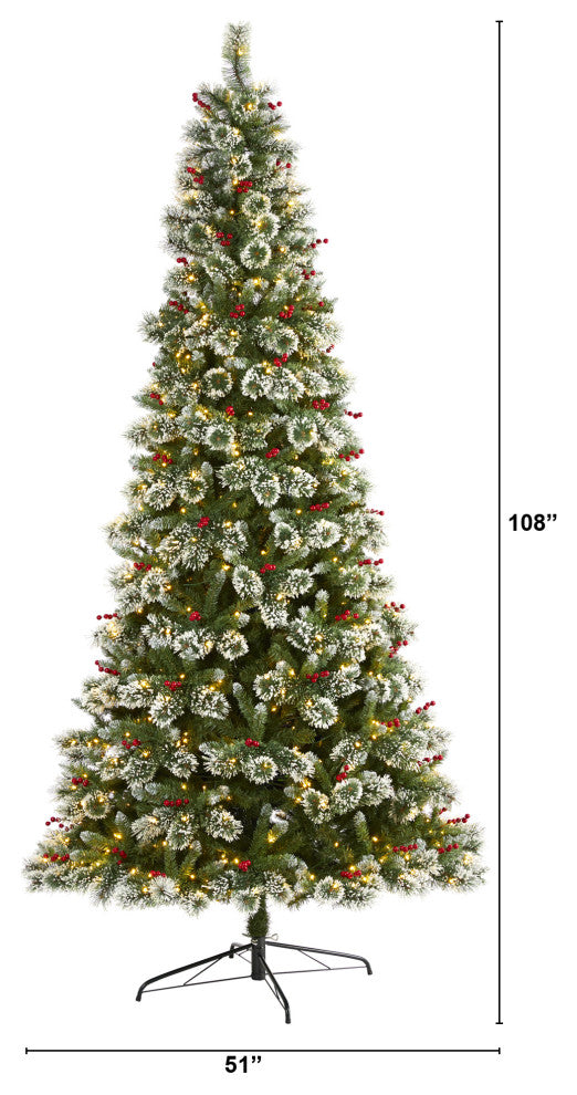 9' Frosted Swiss Pine Faux Christmas Tree With 700 Clear LED Lights and Berries