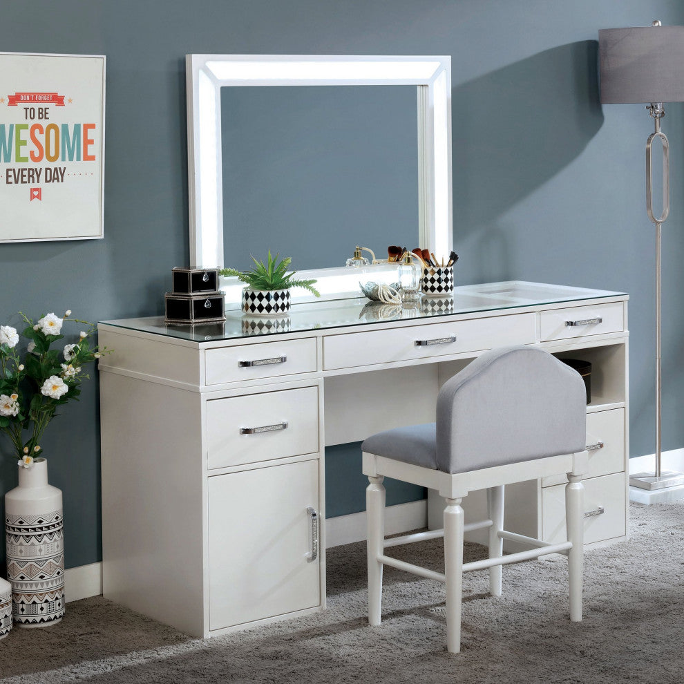 Contemporary Vanity Set, Cushioned Chair and LED Lighted Mirror, Glossy White