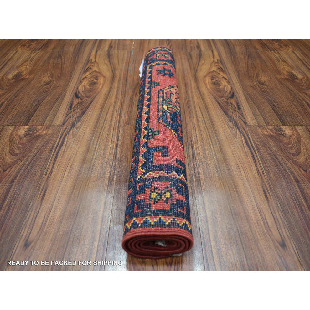 Coral Red Hand Knotted Afghan Ersari, Elephant Feet Design Wool Rug, 2'1" x 3'5"