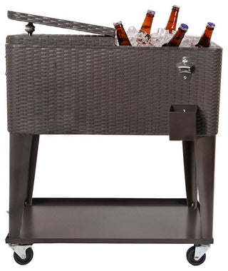 80 Quart Outdoor Rolling Cooler/Beverage Cart, Brown Wicker