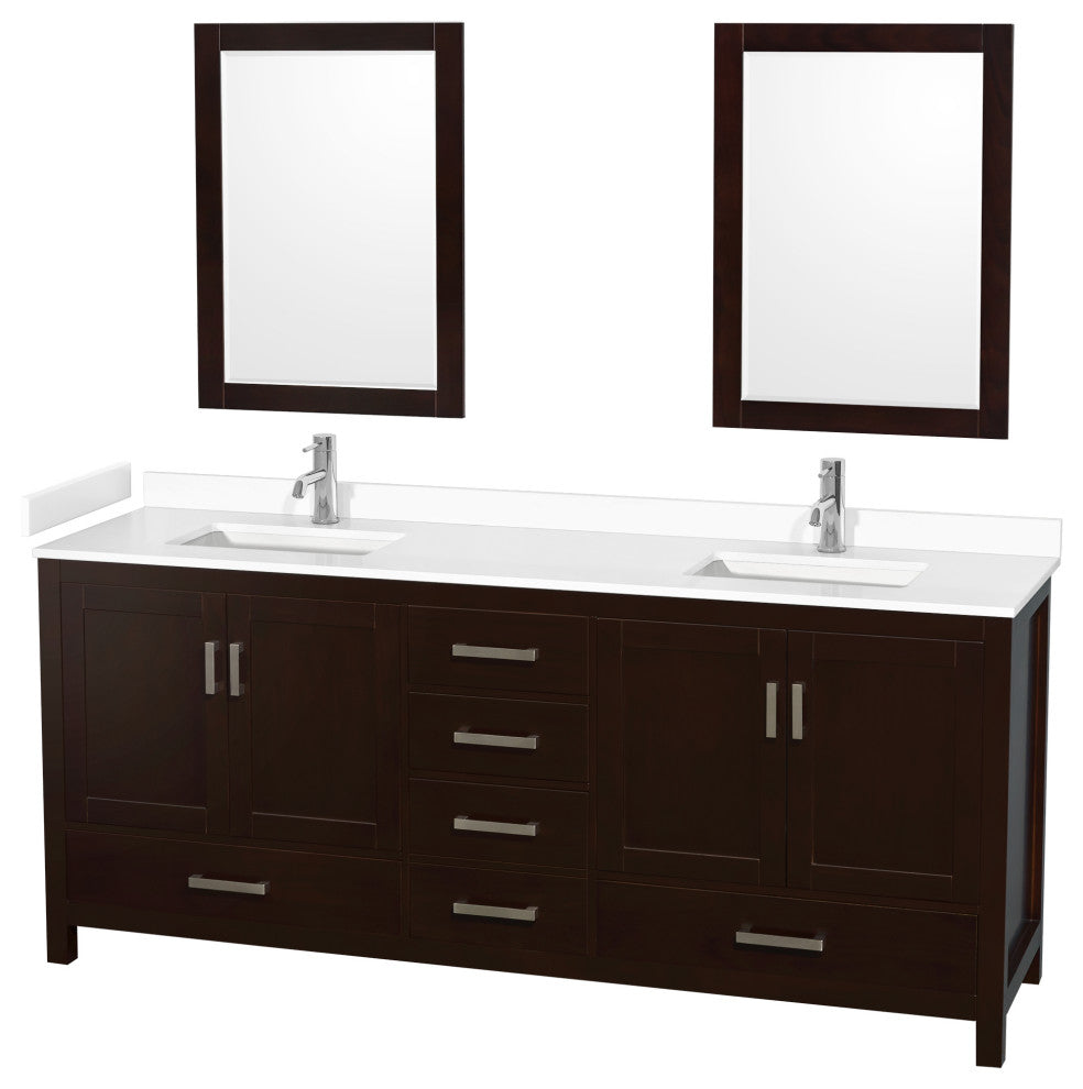 Sheffield 80" Espresso Double Vanity, White Cultured Marble Top, 24" Mirrors