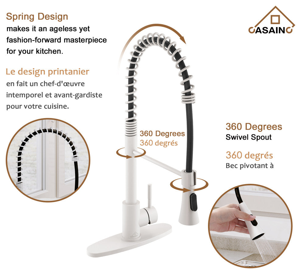 Spring Standard Kitchen Faucet with Dual-Function Spray Head and Deck Plate, Matte White